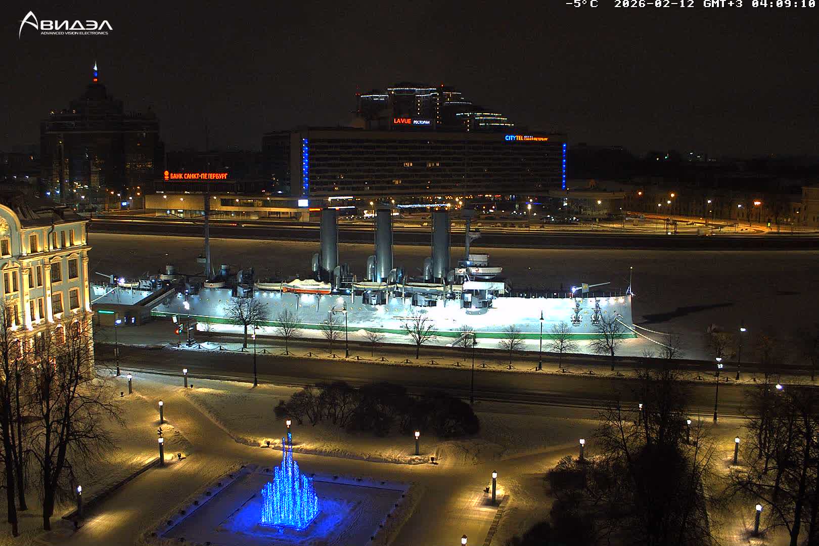 Museum of Russian Historic Cruiser Ship/Aurora Concert Hall & East St. Petersburg Skyline Live Cam - Posadsky, Petrogradsky, Saint Petersburg, Northwestern (Severo-Zapadnyy), Russia