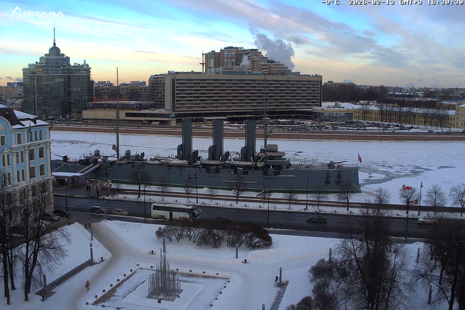 Museum of Russian Historic Cruiser Ship/Aurora Concert Hall & East St. Petersburg Skyline Live Cam - Posadsky, Petrogradsky, Saint Petersburg, Northwestern (Severo-Zapadnyy), Russia