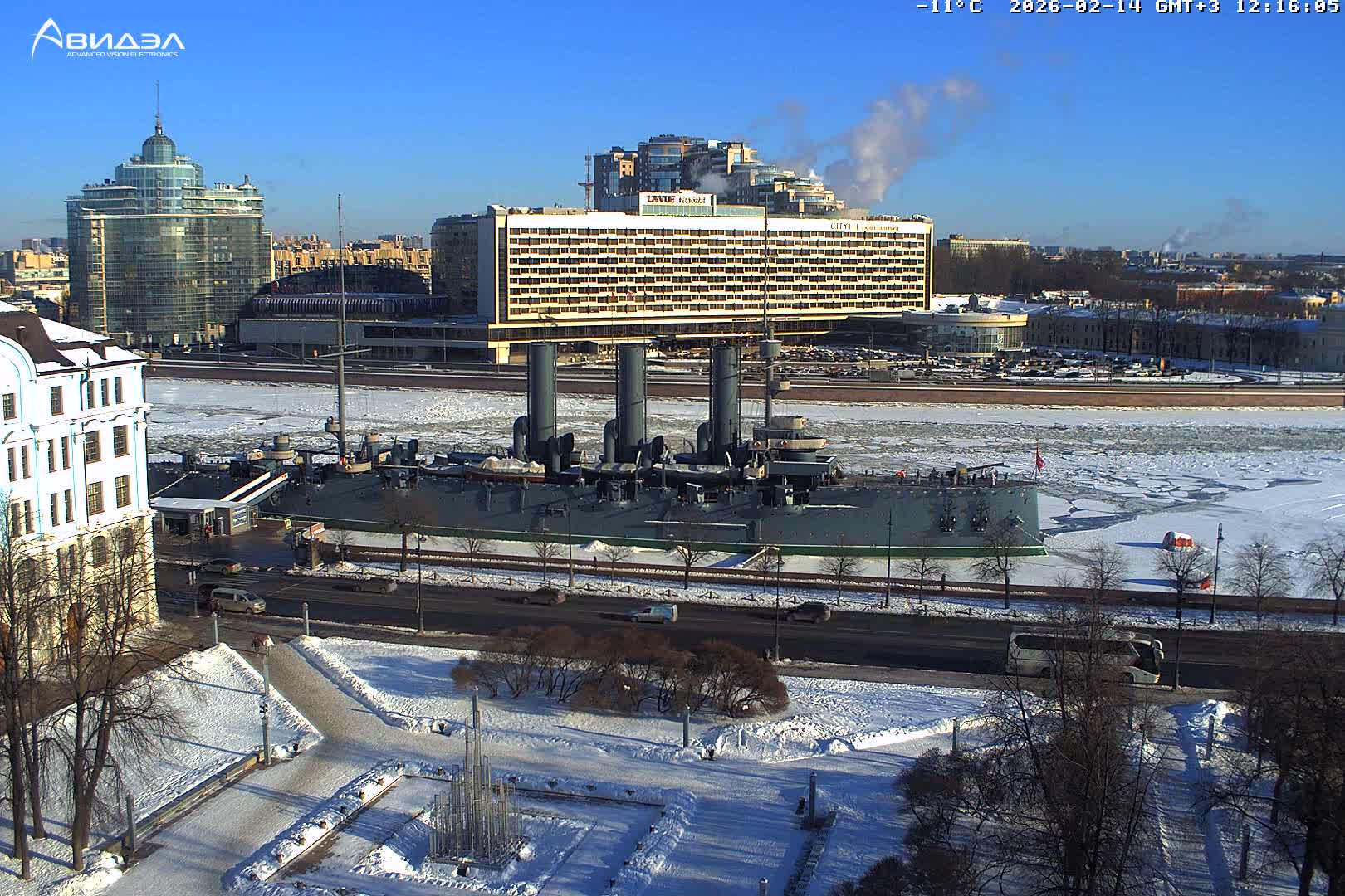 Museum of Russian Historic Cruiser Ship/Aurora Concert Hall & East St. Petersburg Skyline Live Cam - Posadsky, Petrogradsky, Saint Petersburg, Northwestern (Severo-Zapadnyy), Russia