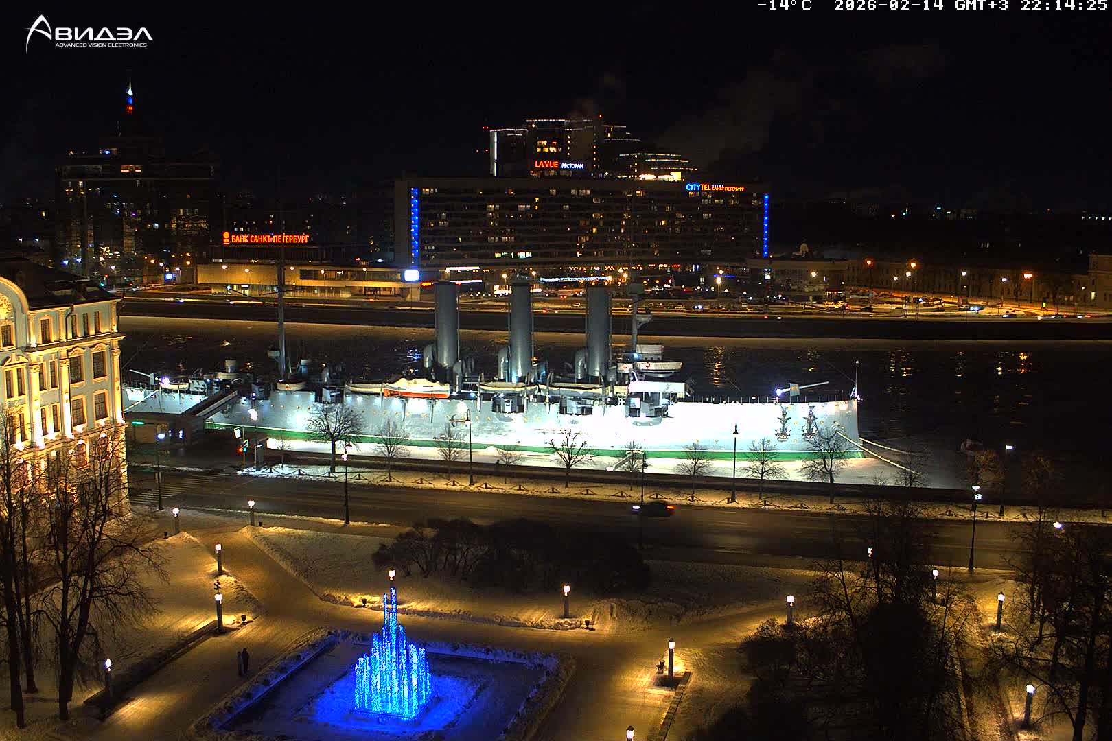 Museum of Russian Historic Cruiser Ship/Aurora Concert Hall & East St. Petersburg Skyline Live Cam - Posadsky, Petrogradsky, Saint Petersburg, Northwestern (Severo-Zapadnyy), Russia