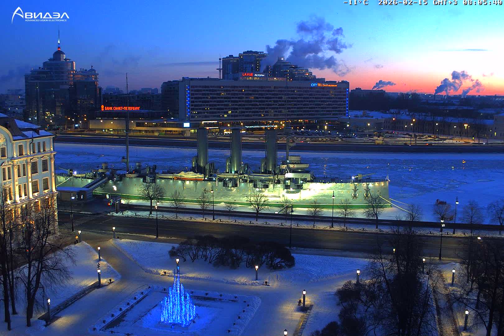 Museum of Russian Historic Cruiser Ship/Aurora Concert Hall & East St. Petersburg Skyline Live Cam - Posadsky, Petrogradsky, Saint Petersburg, Northwestern (Severo-Zapadnyy), Russia