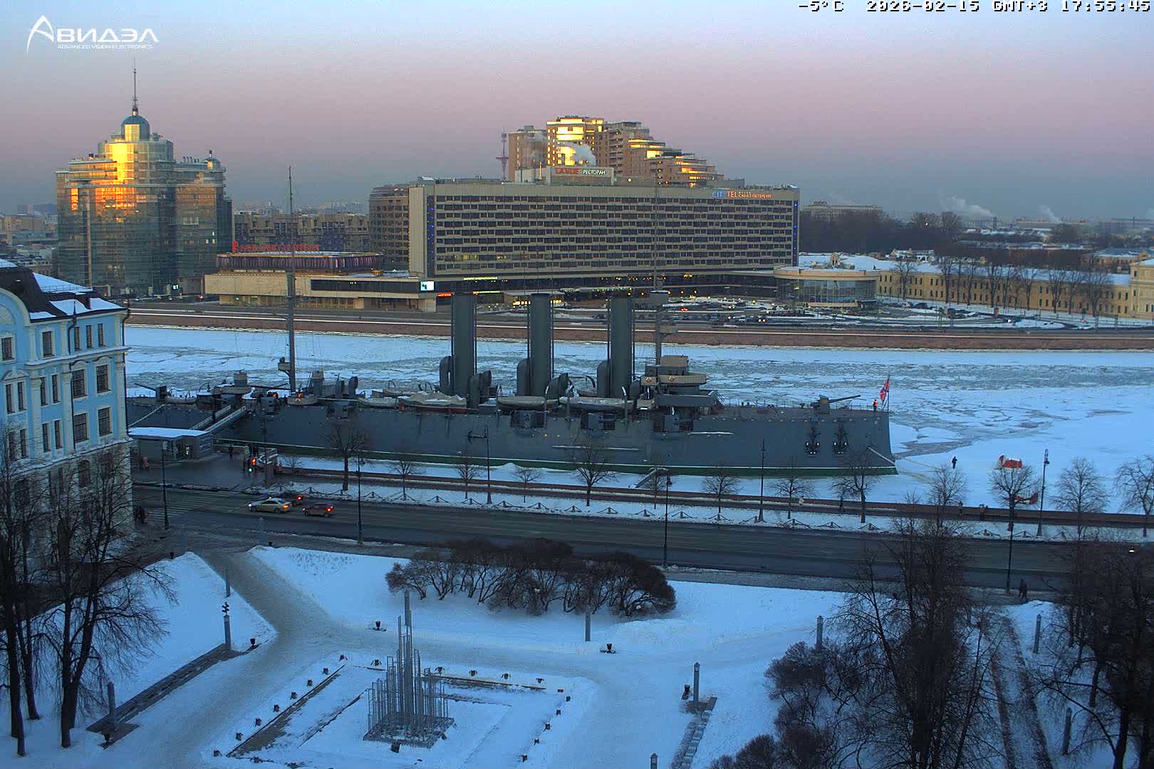 Museum of Russian Historic Cruiser Ship/Aurora Concert Hall & East St. Petersburg Skyline Live Cam - Posadsky, Petrogradsky, Saint Petersburg, Northwestern (Severo-Zapadnyy), Russia