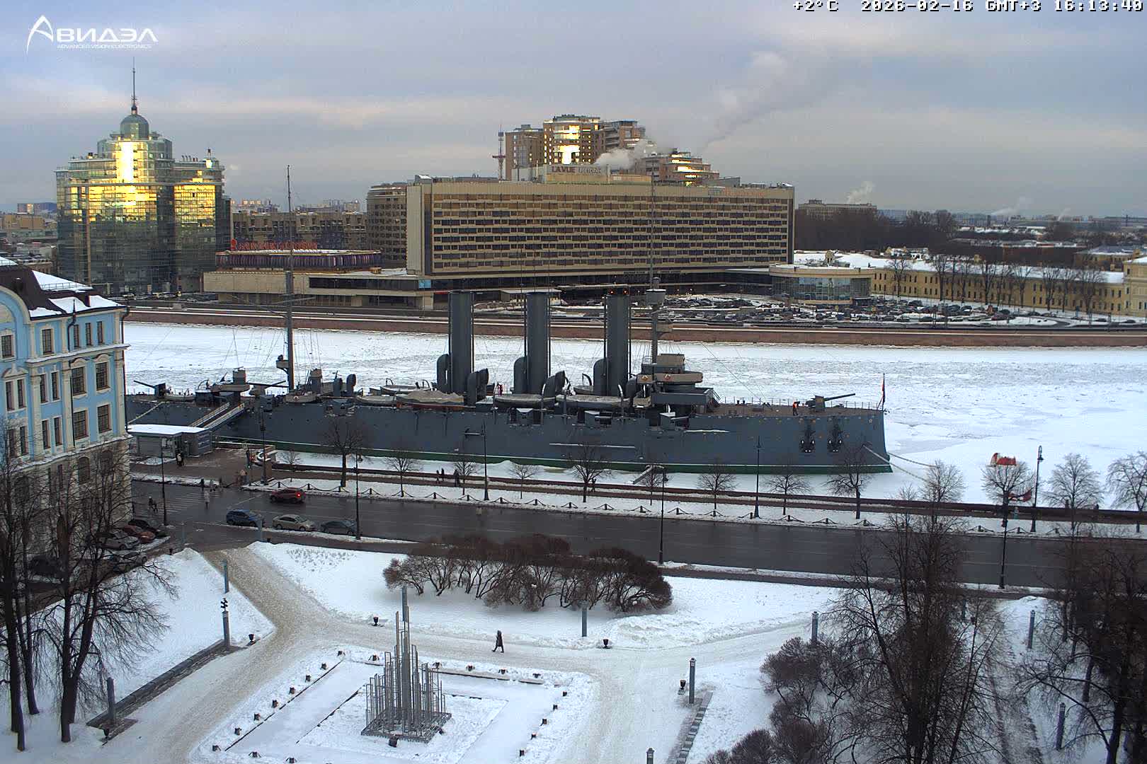Museum of Russian Historic Cruiser Ship/Aurora Concert Hall & East St. Petersburg Skyline Live Cam - Posadsky, Petrogradsky, Saint Petersburg, Northwestern (Severo-Zapadnyy), Russia