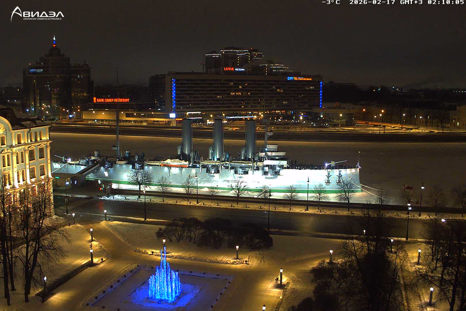 Museum of Russian Historic Cruiser Ship/Aurora Concert Hall & East St. Petersburg Skyline Live Cam - Posadsky, Petrogradsky, Saint Petersburg, Northwestern (Severo-Zapadnyy), Russia