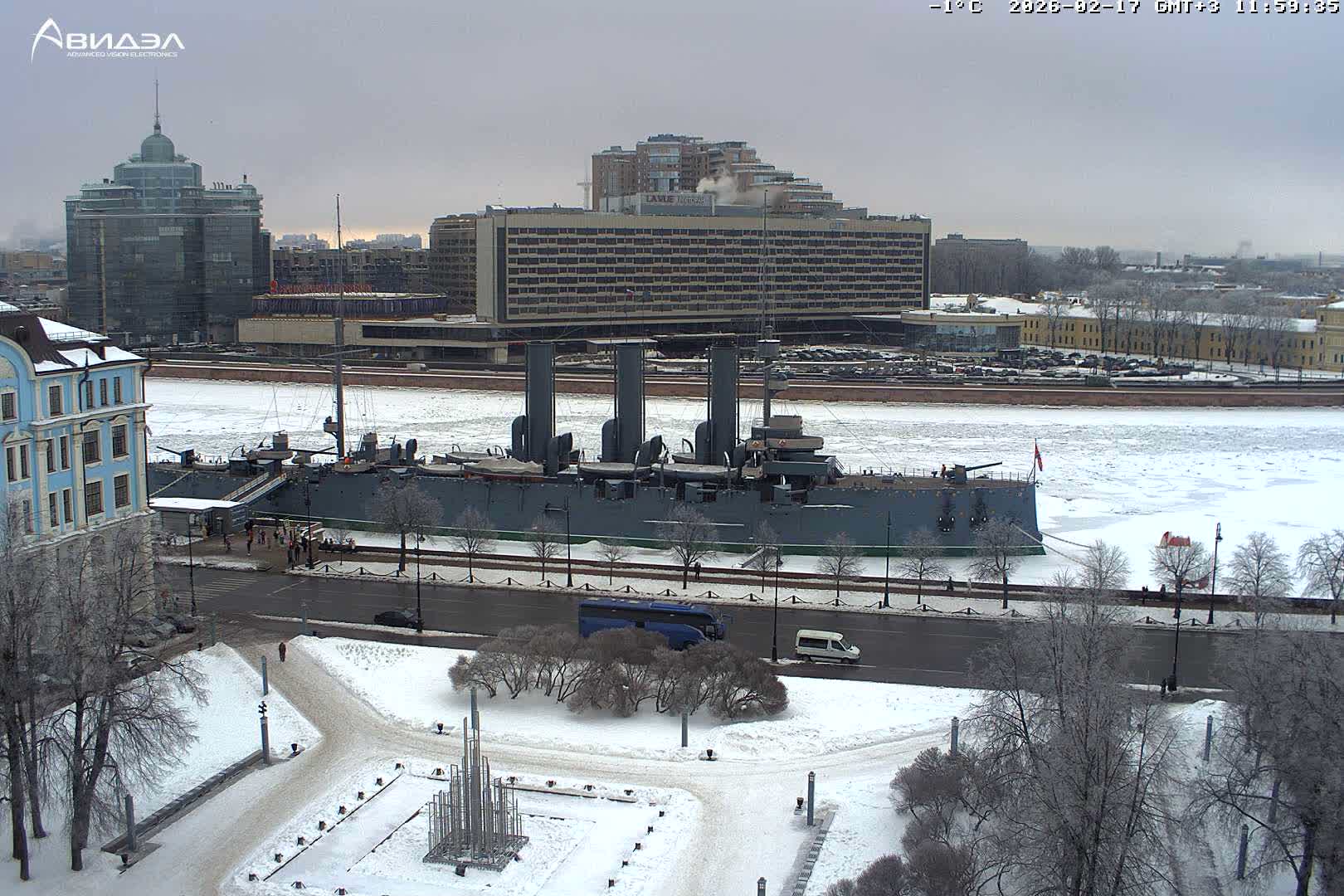Museum of Russian Historic Cruiser Ship/Aurora Concert Hall & East St. Petersburg Skyline Live Cam - Posadsky, Petrogradsky, Saint Petersburg, Northwestern (Severo-Zapadnyy), Russia