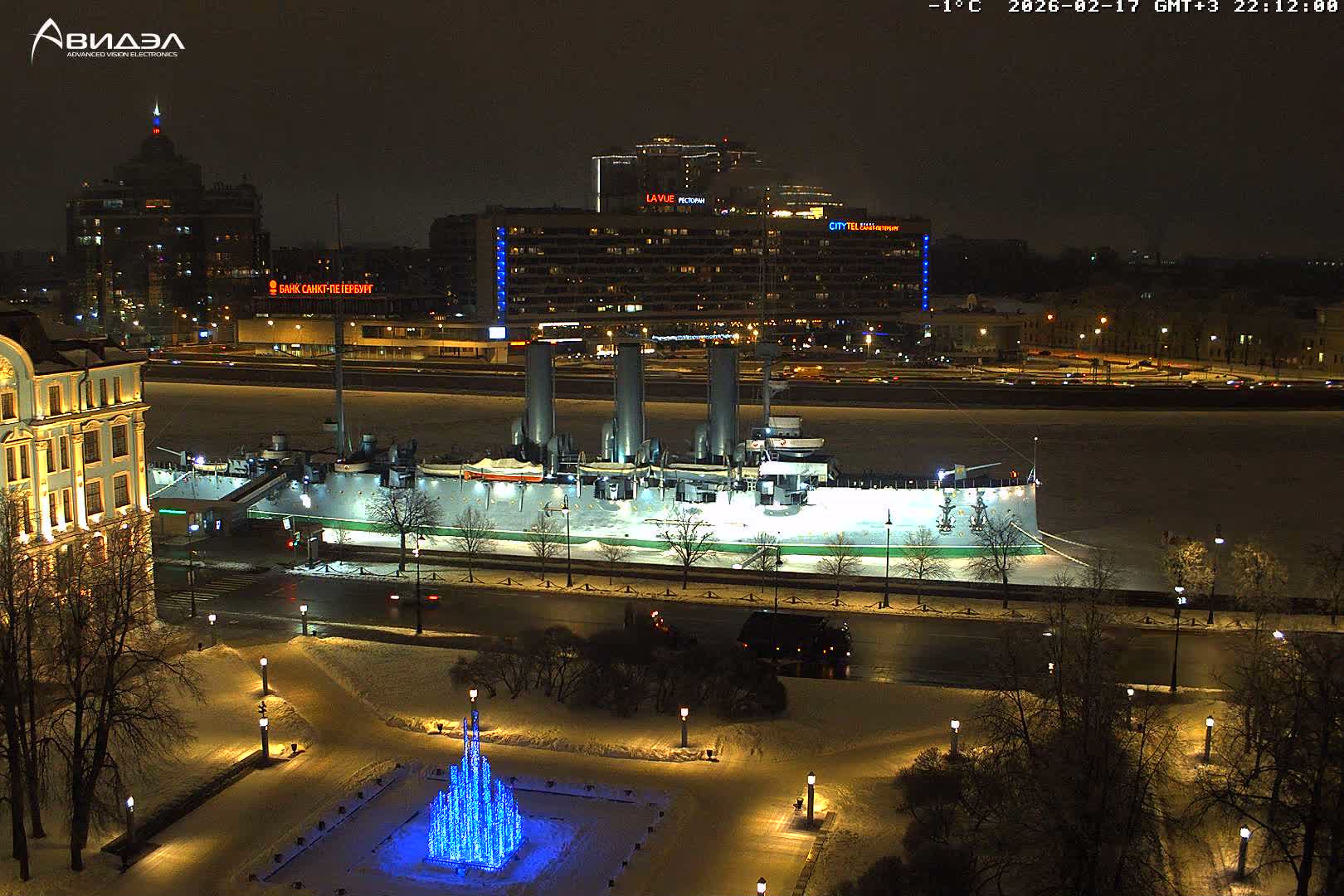 Museum of Russian Historic Cruiser Ship/Aurora Concert Hall & East St. Petersburg Skyline Live Cam - Posadsky, Petrogradsky, Saint Petersburg, Northwestern (Severo-Zapadnyy), Russia