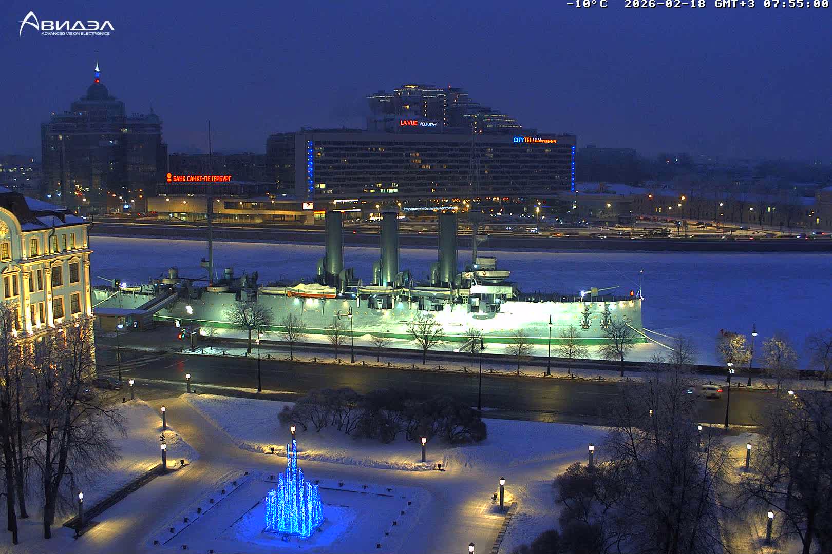 Museum of Russian Historic Cruiser Ship/Aurora Concert Hall & East St. Petersburg Skyline Live Cam - Posadsky, Petrogradsky, Saint Petersburg, Northwestern (Severo-Zapadnyy), Russia