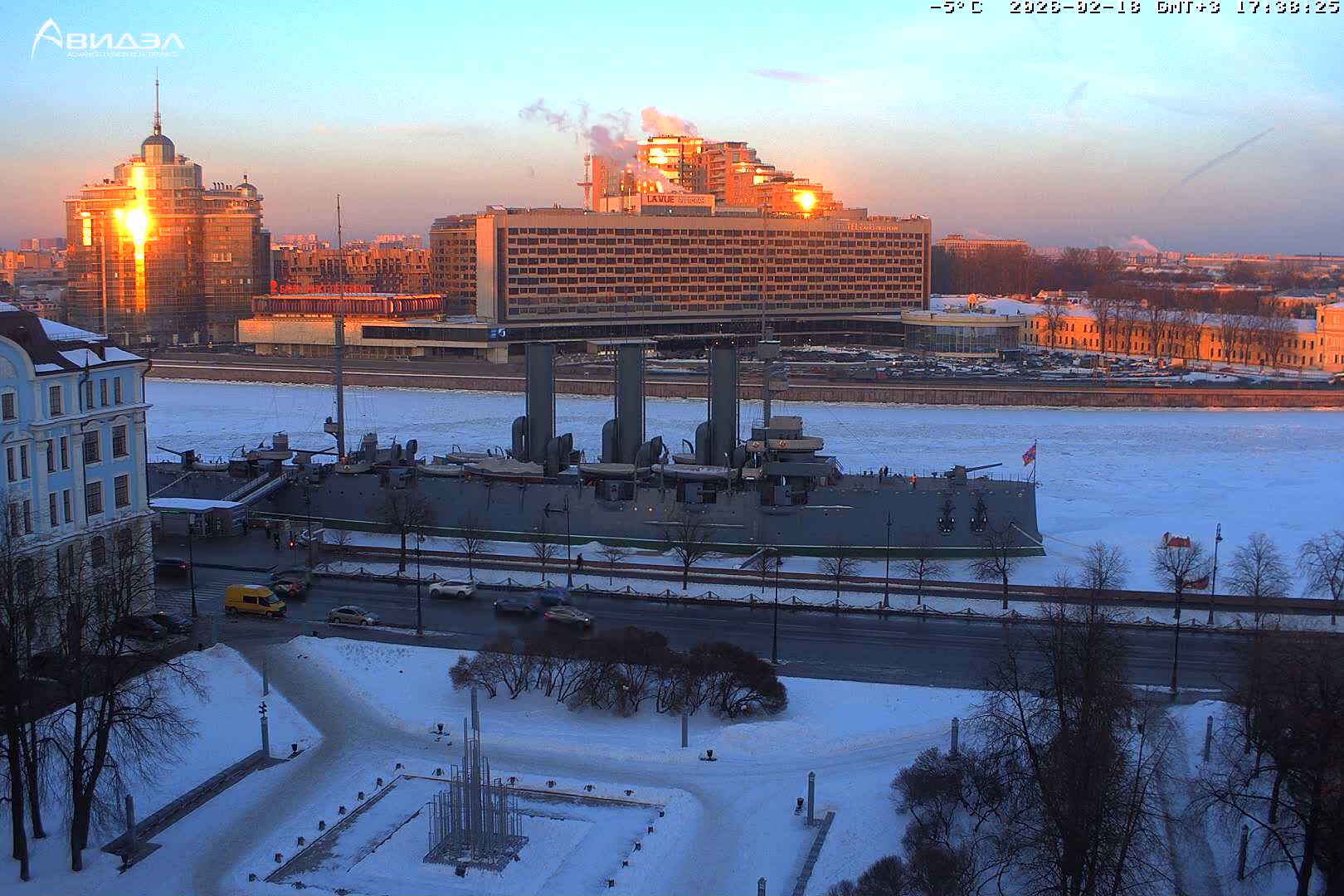 Museum of Russian Historic Cruiser Ship/Aurora Concert Hall & East St. Petersburg Skyline Live Cam - Posadsky, Petrogradsky, Saint Petersburg, Northwestern (Severo-Zapadnyy), Russia