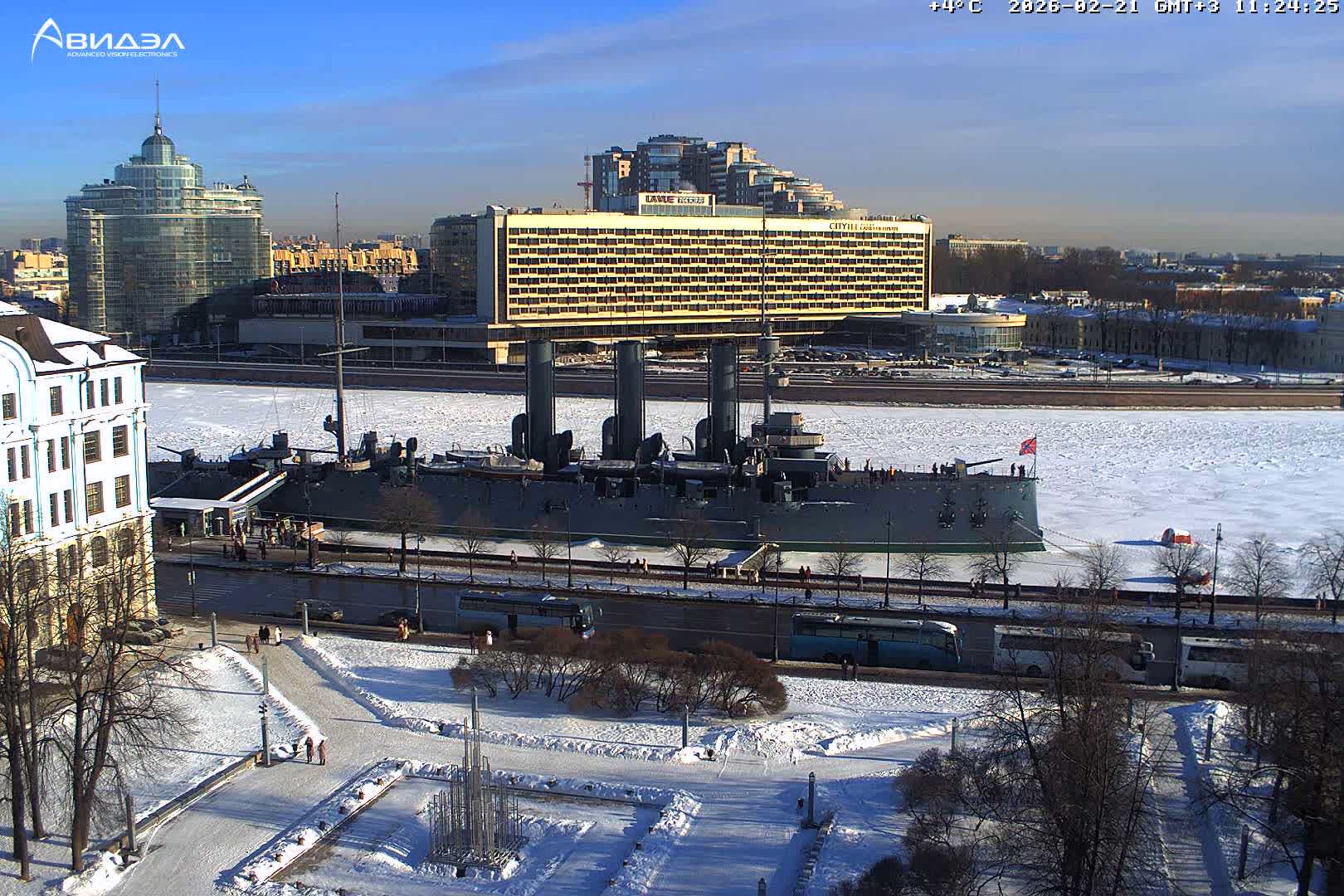 Museum of Russian Historic Cruiser Ship/Aurora Concert Hall & East St. Petersburg Skyline Live Cam - Posadsky, Petrogradsky, Saint Petersburg, Northwestern (Severo-Zapadnyy), Russia