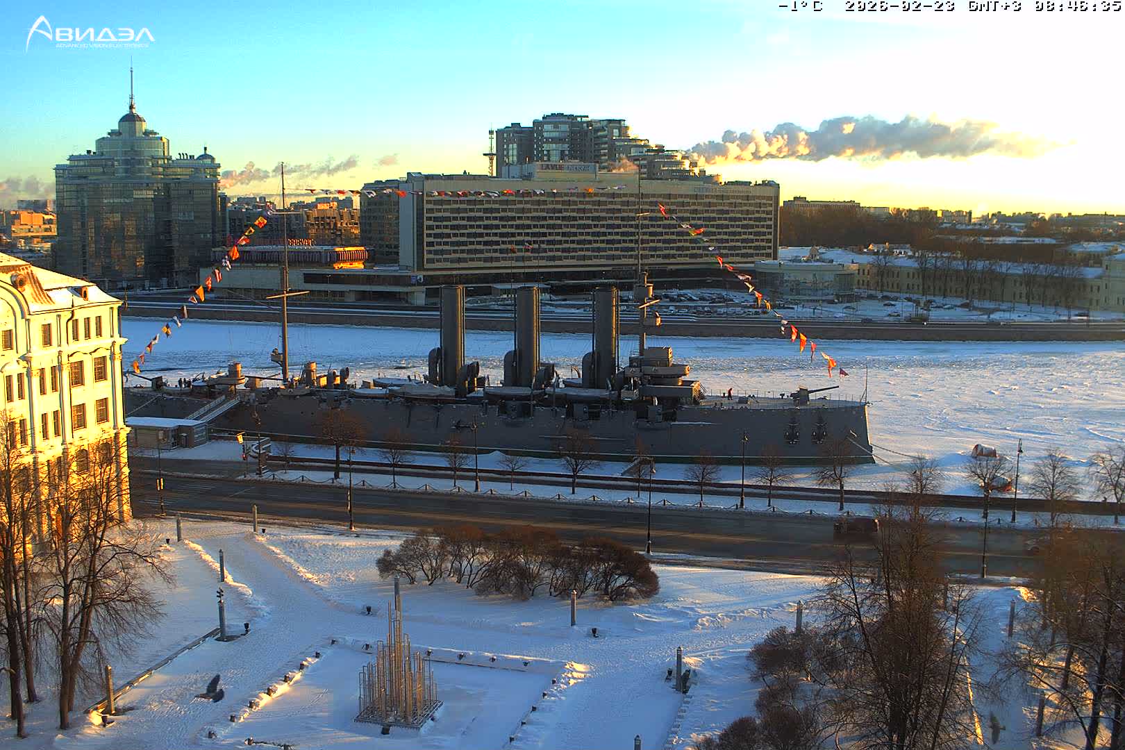 Museum of Russian Historic Cruiser Ship/Aurora Concert Hall & East St. Petersburg Skyline Live Cam - Posadsky, Petrogradsky, Saint Petersburg, Northwestern (Severo-Zapadnyy), Russia