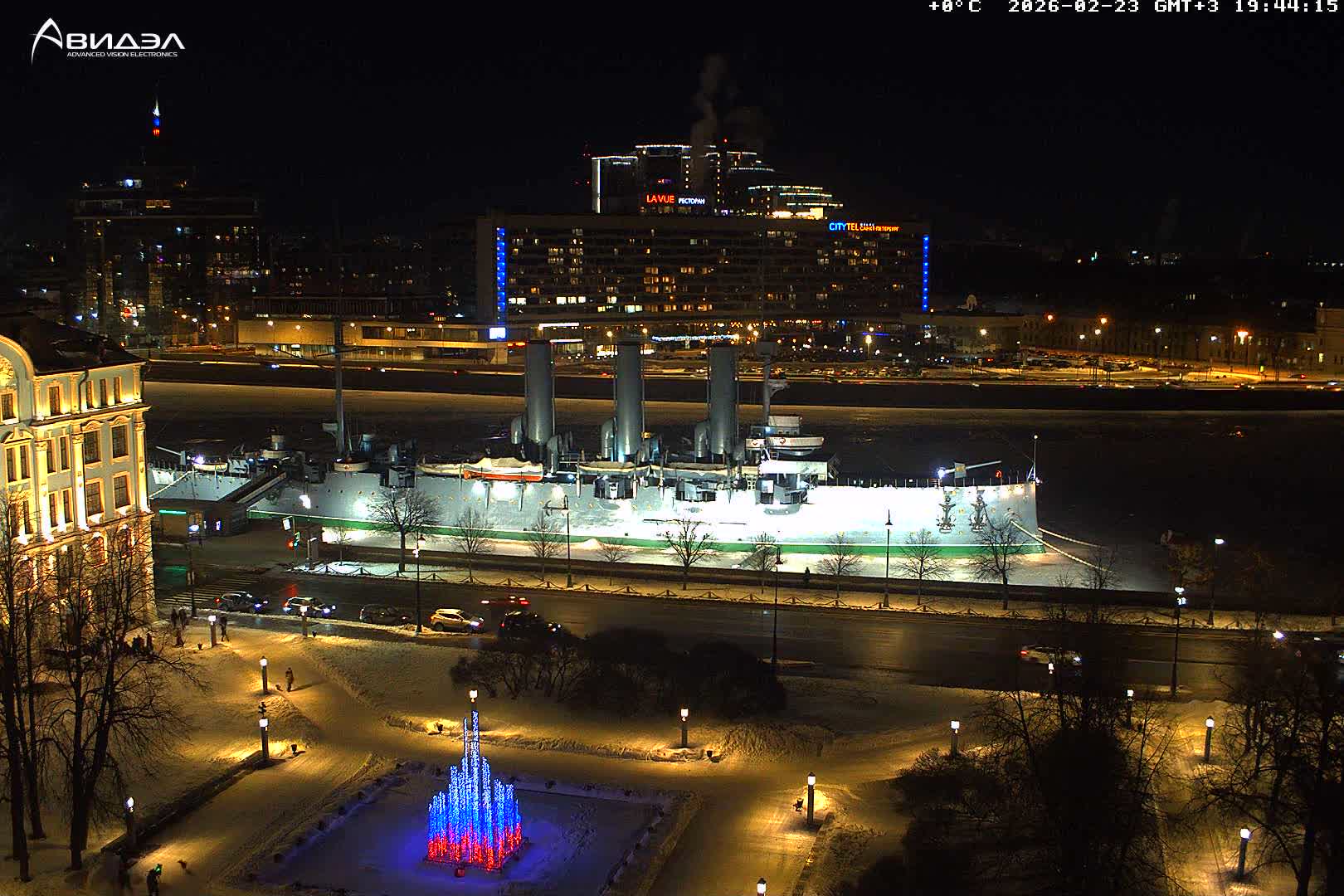Museum of Russian Historic Cruiser Ship/Aurora Concert Hall & East St. Petersburg Skyline Live Cam - Posadsky, Petrogradsky, Saint Petersburg, Northwestern (Severo-Zapadnyy), Russia