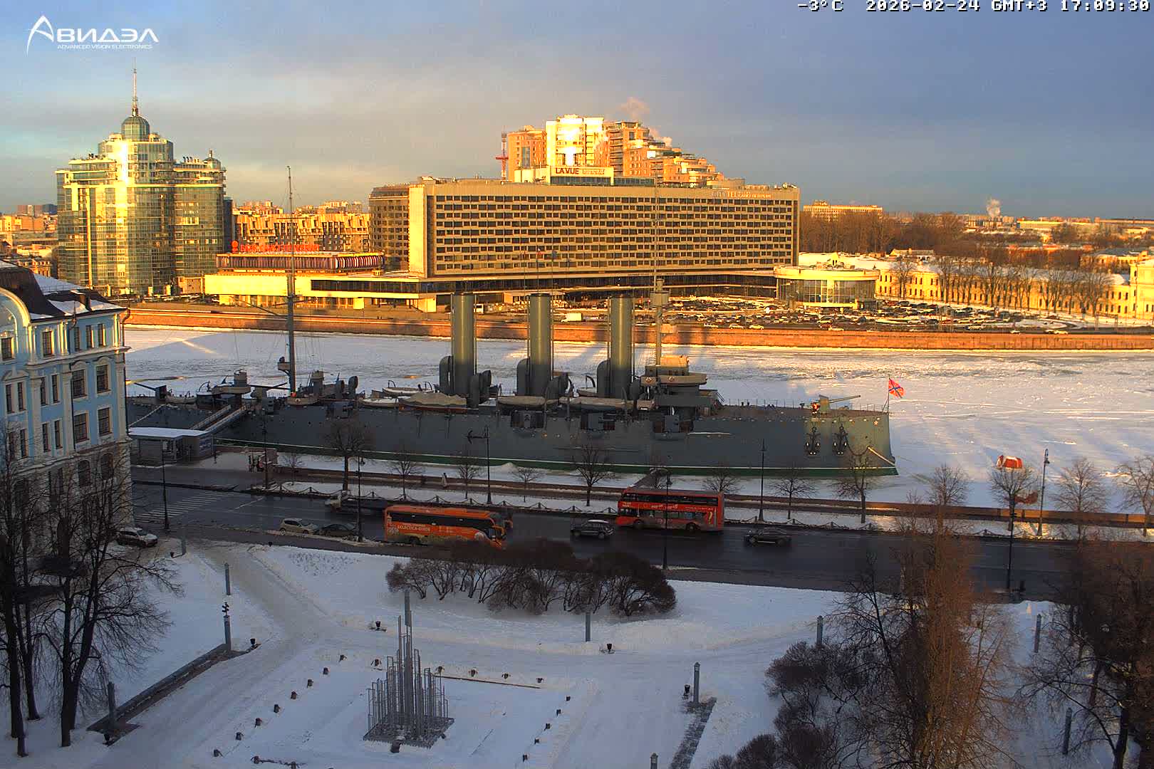 Museum of Russian Historic Cruiser Ship/Aurora Concert Hall & East St. Petersburg Skyline Live Cam - Posadsky, Petrogradsky, Saint Petersburg, Northwestern (Severo-Zapadnyy), Russia