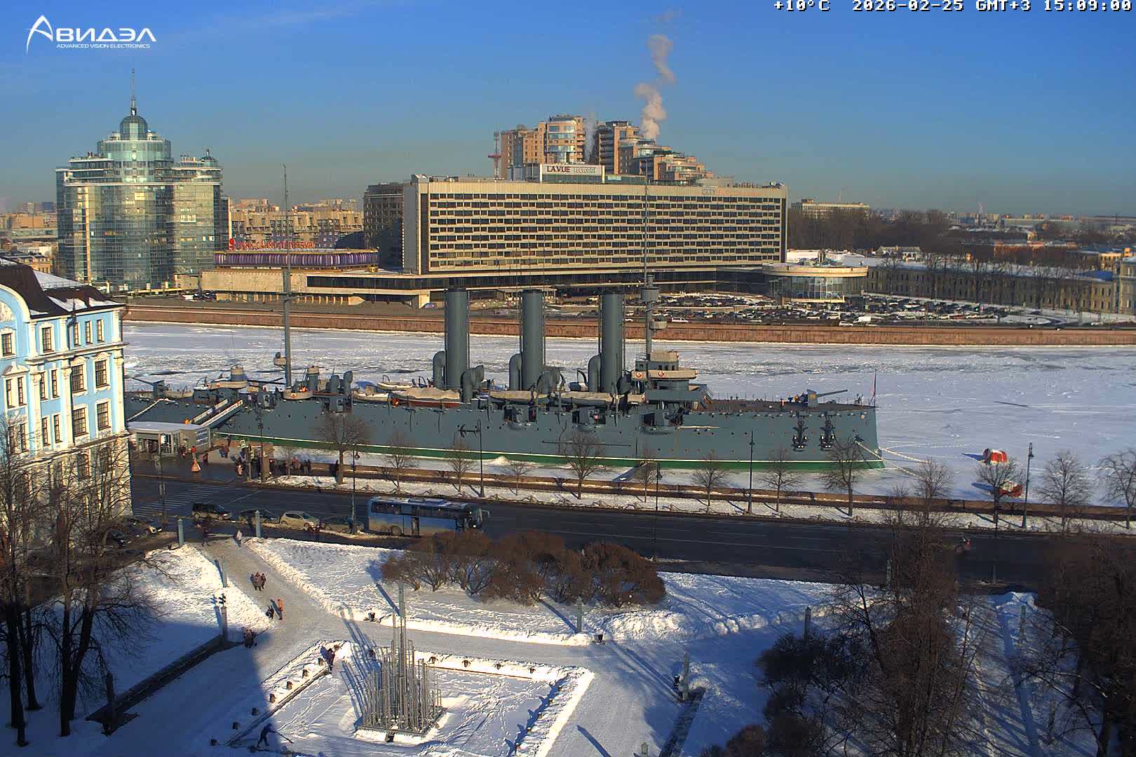 Museum of Russian Historic Cruiser Ship/Aurora Concert Hall & East St. Petersburg Skyline Live Cam - Posadsky, Petrogradsky, Saint Petersburg, Northwestern (Severo-Zapadnyy), Russia