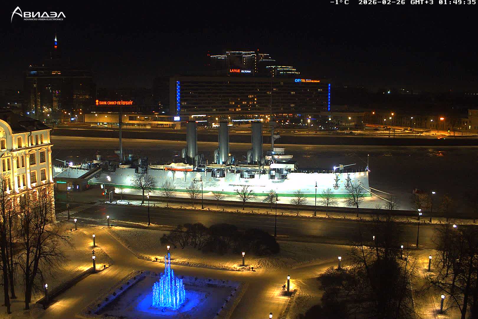 Museum of Russian Historic Cruiser Ship/Aurora Concert Hall & East St. Petersburg Skyline Live Cam - Posadsky, Petrogradsky, Saint Petersburg, Northwestern (Severo-Zapadnyy), Russia