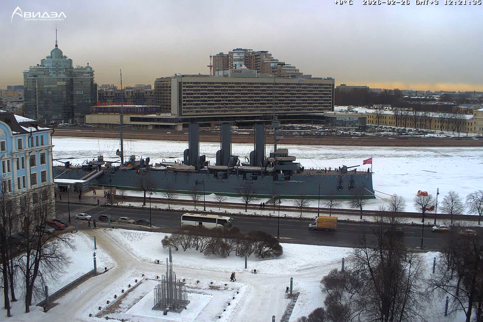 Museum of Russian Historic Cruiser Ship/Aurora Concert Hall & East St. Petersburg Skyline Live Cam - Posadsky, Petrogradsky, Saint Petersburg, Northwestern (Severo-Zapadnyy), Russia
