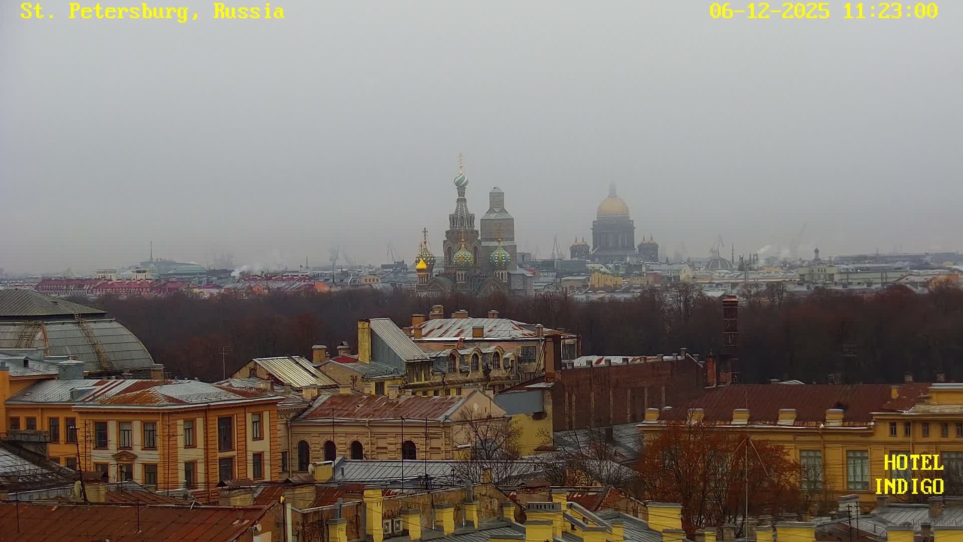 An overcast and gray day presents a panoramic view of St. Petersburg, with the prominent domes of the Church of the Savior on Spilled Blood and Saint Isaac's Cathedral rising above a dense urban landscape of rooftops and bare trees.