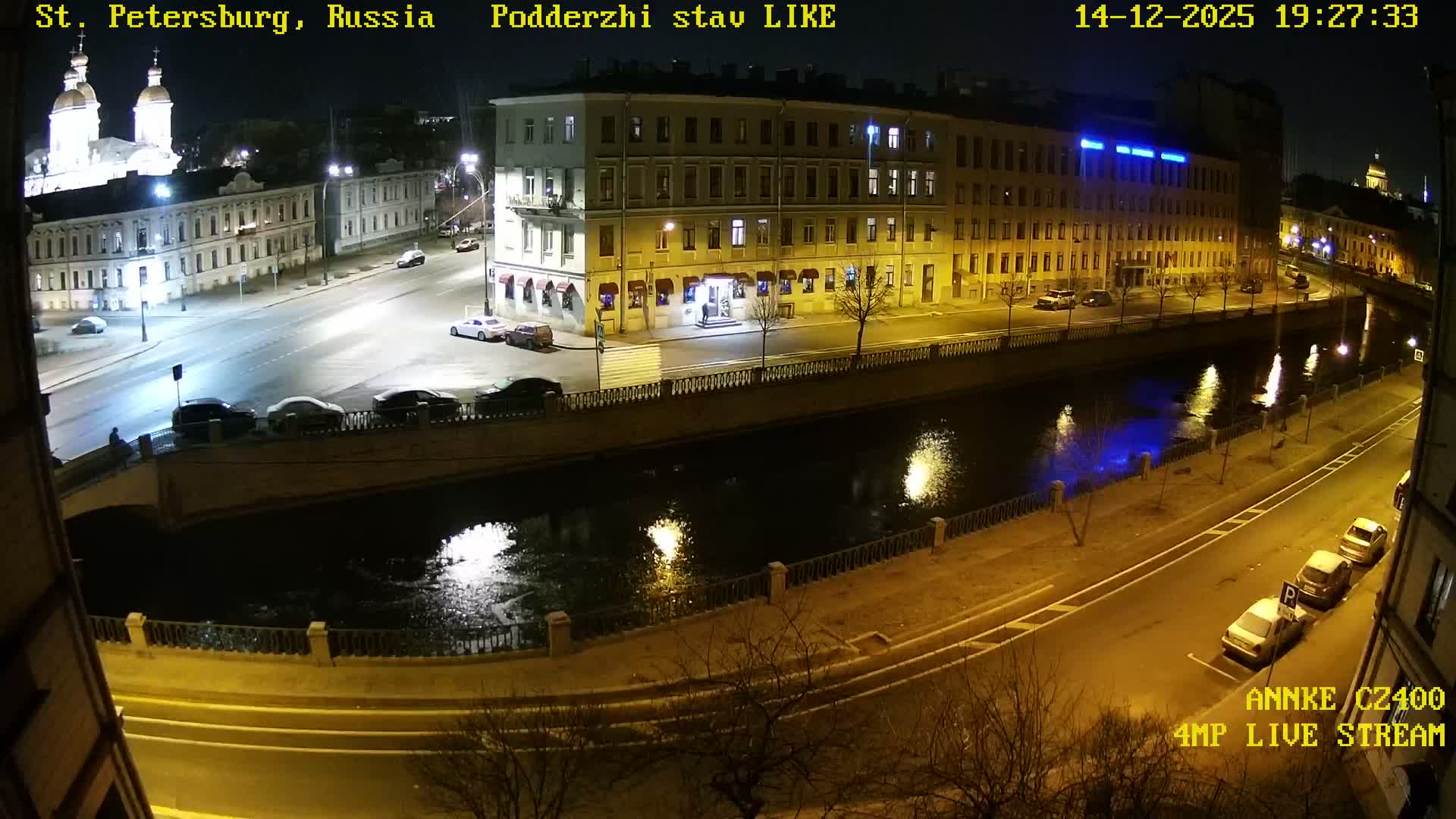 An overcast and gray day presents a panoramic view of St. Petersburg, with the prominent domes of the Church of the Savior on Spilled Blood and Saint Isaac's Cathedral rising above a dense urban landscape of rooftops and bare trees.