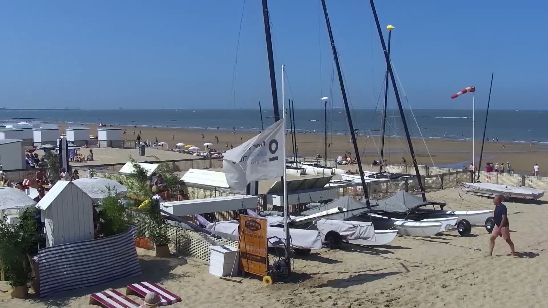 Several small sailboats are parked on a sandy beach next to calm water under a clear sky.