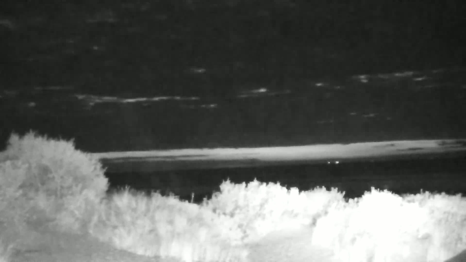 A dark, nighttime scene shows a body of water with small waves under a mostly clear sky, partially obscured by shrubbery in the foreground.