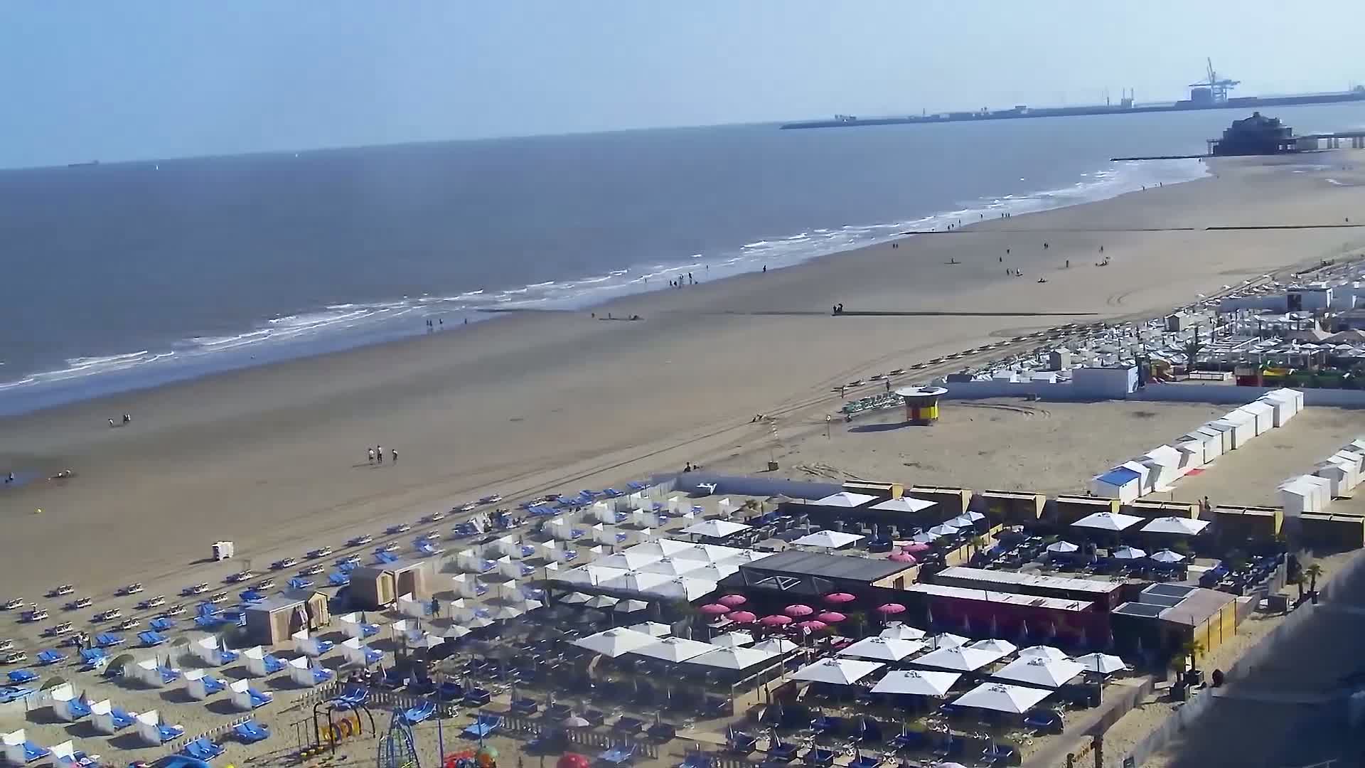 An aerial view shows a sandy beach with rows of beach umbrellas and lounge chairs under a clear blue sky, with calm waves in the ocean and a pier visible in the distance.