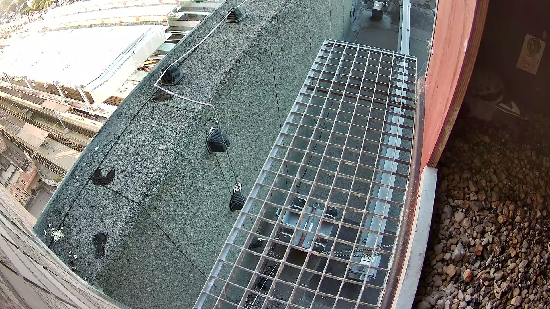 A metal grate walkway sits atop a flat, gray roof overlooking a train station and surrounding city buildings on a bright day.