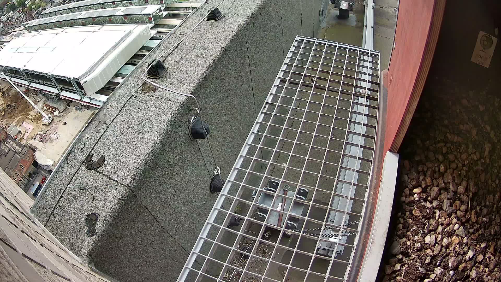 A high-angle view shows a metal grate walkway next to a building's edge overlooking a train station at night.