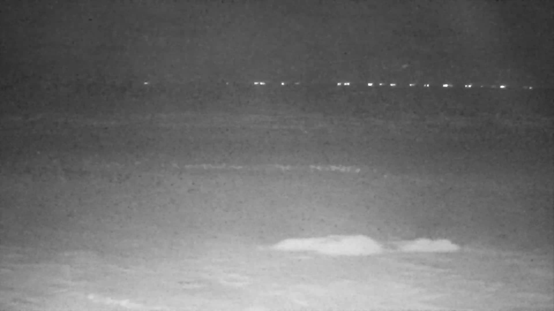 An expansive view captures a calm, gray sea meeting a wide, sandy-muddy beach scattered with dark shapes along the water's edge, all under a heavily overcast and hazy sky.