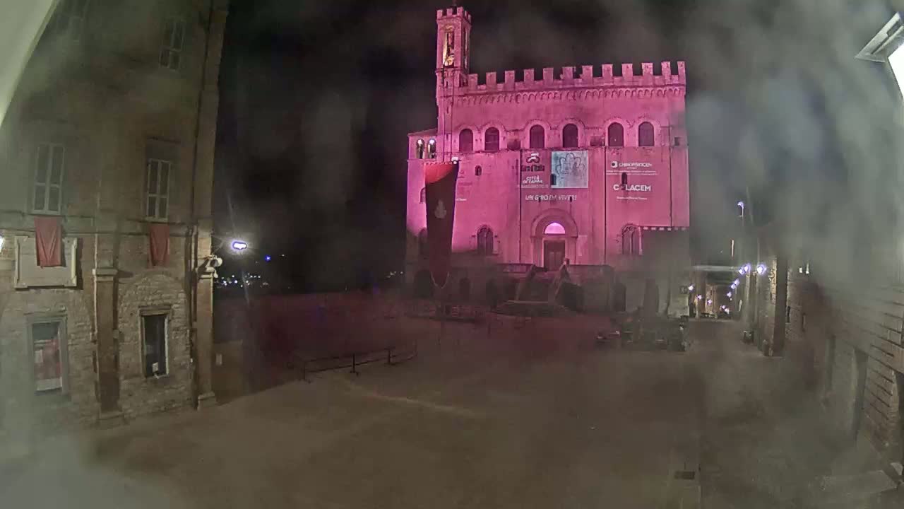 A pink-lit medieval-style building stands in a dimly lit square at night, with fog or mist obscuring the view.