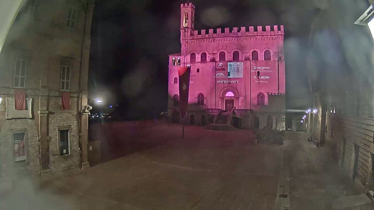 A pink-lit stone building, possibly a castle or palace, stands in a dimly lit plaza at night, under a slightly misty or foggy sky.