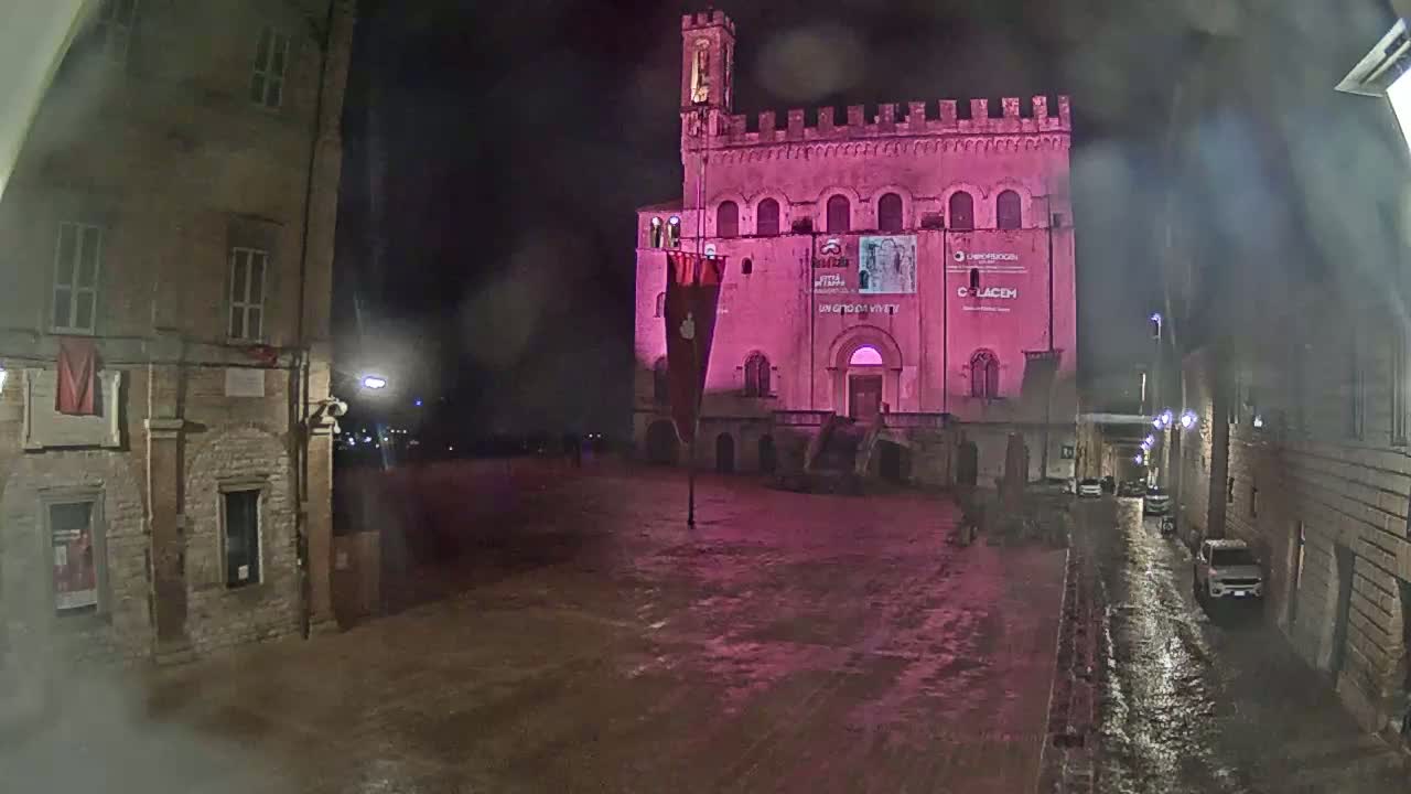 A pink-lit medieval-style building stands in a wet, empty town square at night, with rain-slicked streets visible in the background.