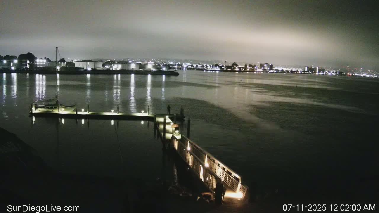 A nighttime view of a calm bay with a docked boat and a city skyline in the distance under a foggy sky.