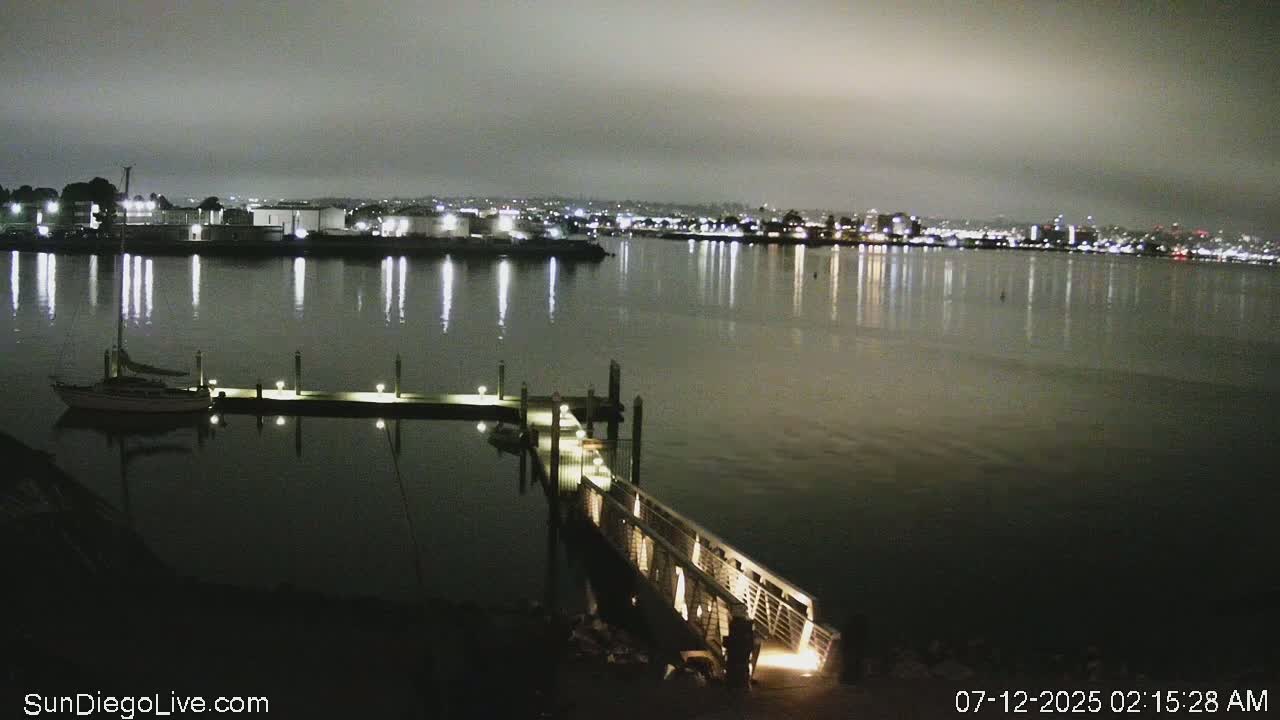 A nighttime view of a calm bay with a docked boat and a city skyline in the distance under a foggy sky.