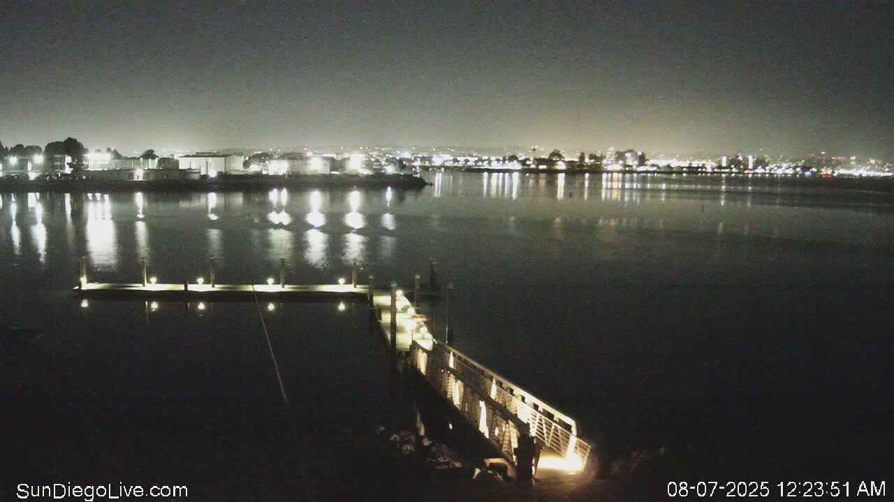 A nighttime view of a calm body of water with a lit-up dock in the foreground and a city skyline across the water.