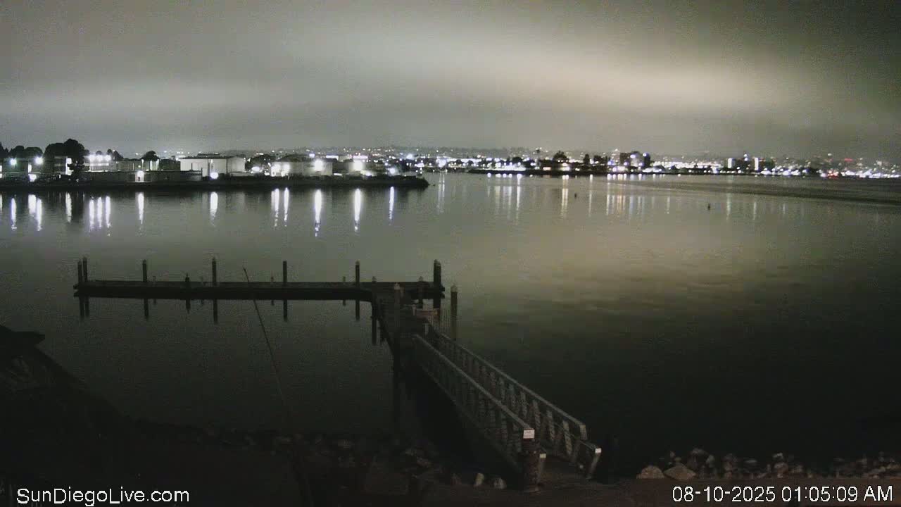 A nighttime view of a calm body of water with a small dock in the foreground and a city skyline illuminated with lights in the background under a cloudy sky.