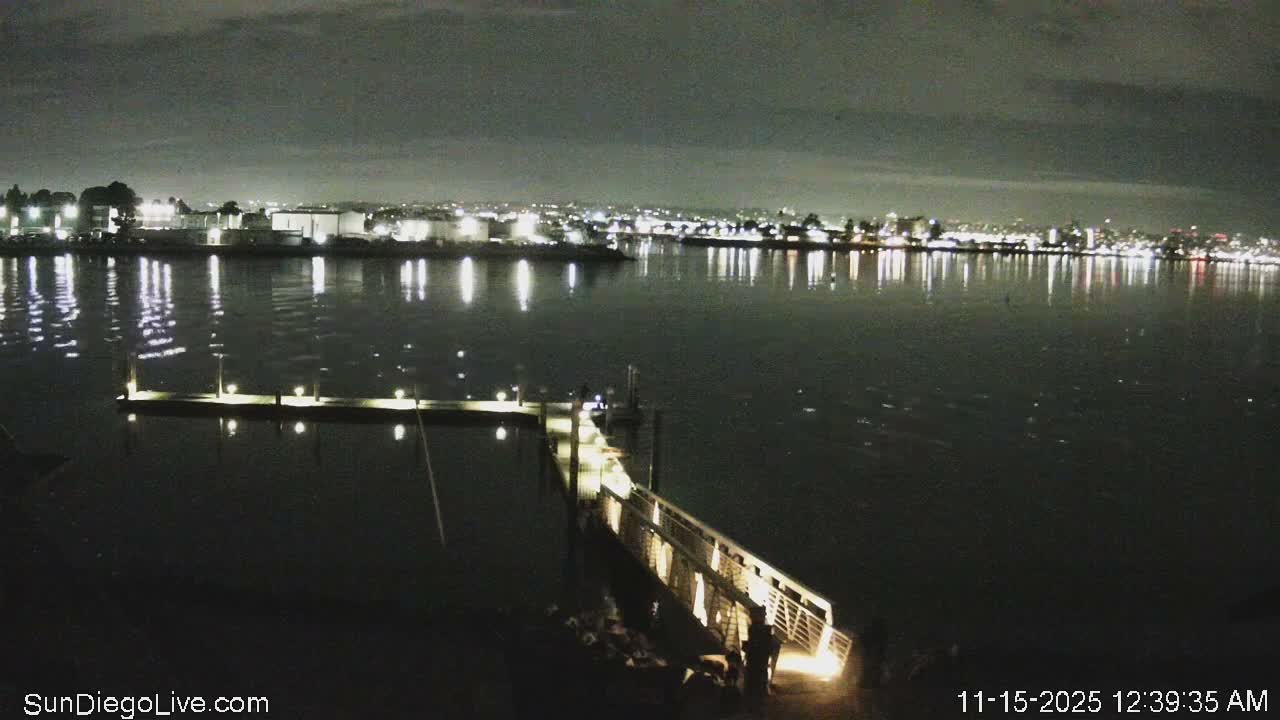 A cloudy night scene reveals a brightly lit pier extending into calm waters that reflect the numerous city lights on the distant shore.