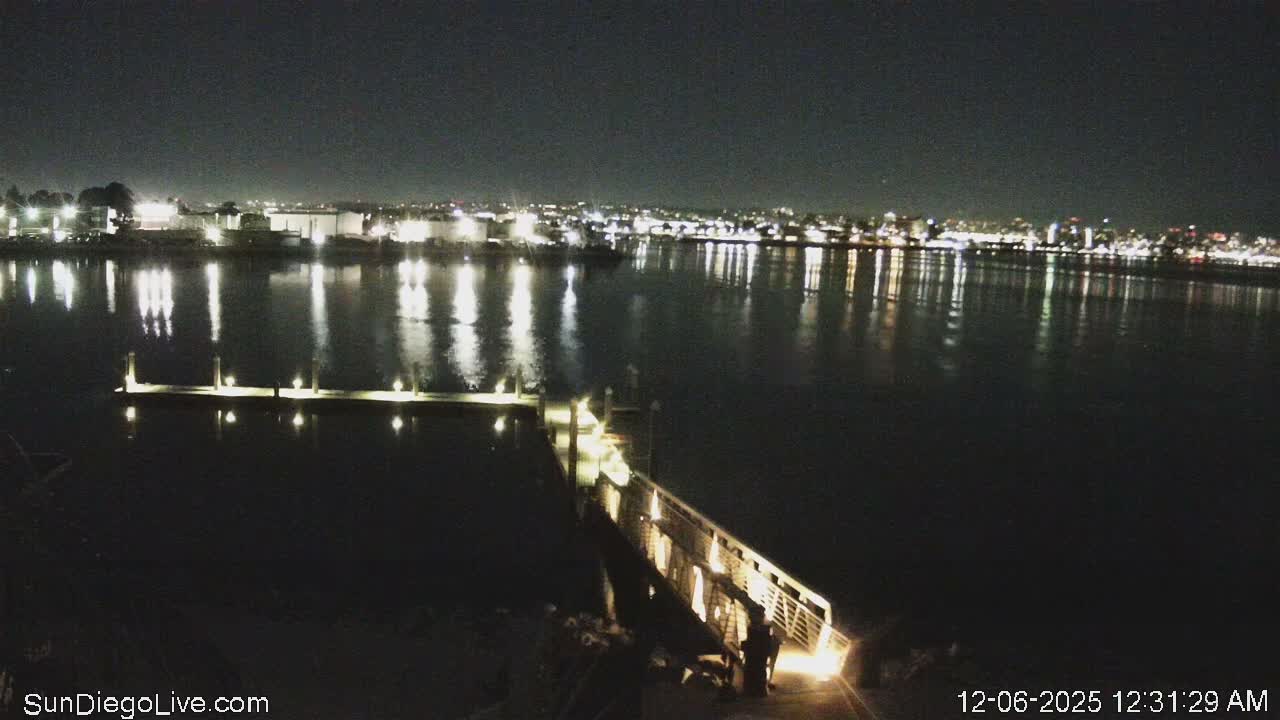 A night view captures a brightly lit city skyline reflecting on calm water, with a long illuminated pier extending towards a small floating dock in the foreground under a clear sky.