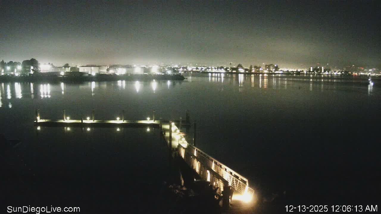 A clear night reveals a calm body of water with a brightly lit pier extending from the foreground, reflecting the distant city lights on its surface.