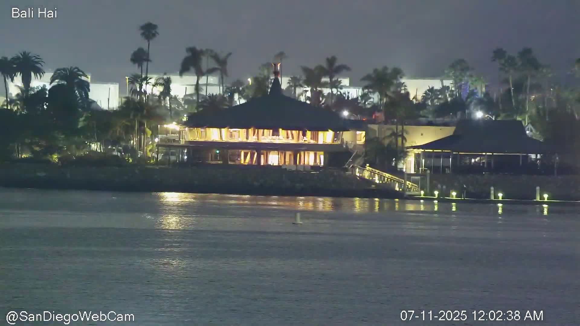 A large, illuminated building sits on the edge of a calm body of water at night, surrounded by palm trees and other buildings in the background.