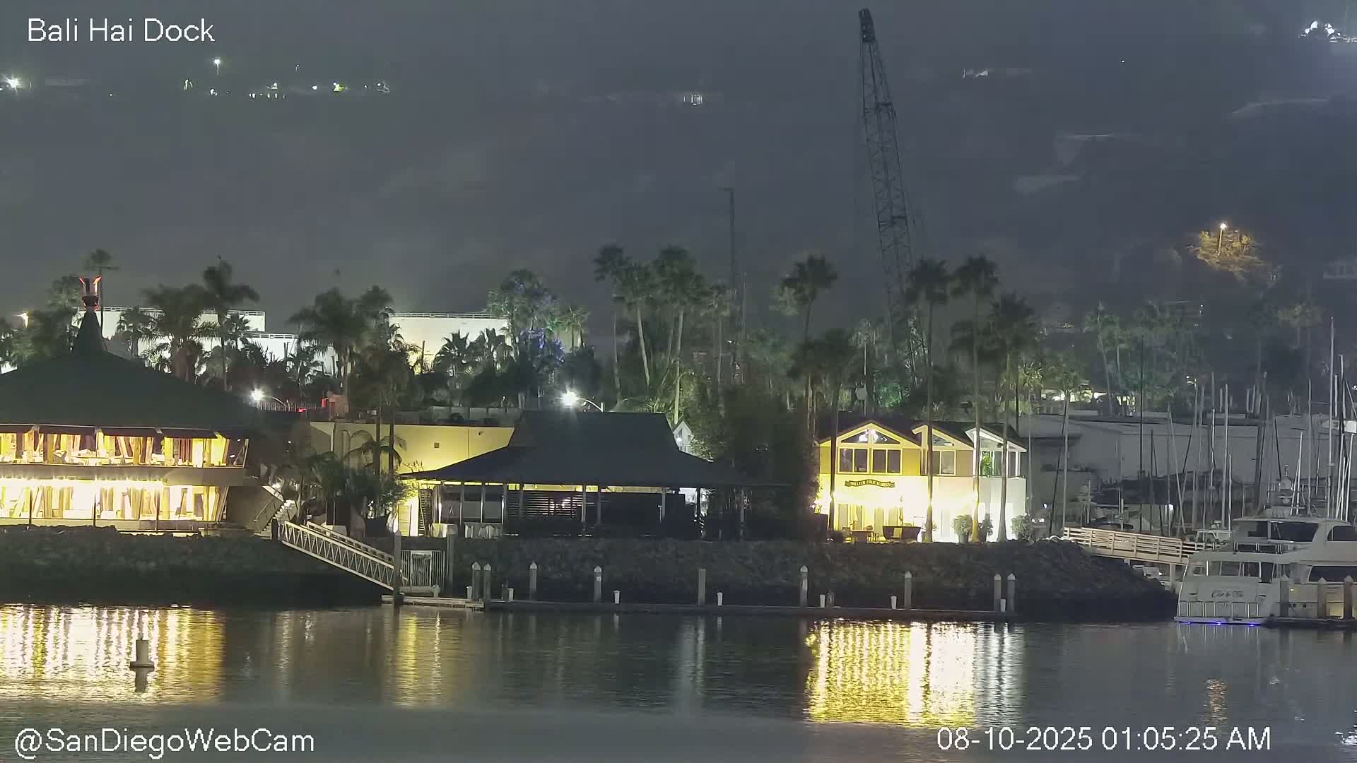 A nighttime view of a marina with illuminated buildings and boats on calm water under a hazy sky.
