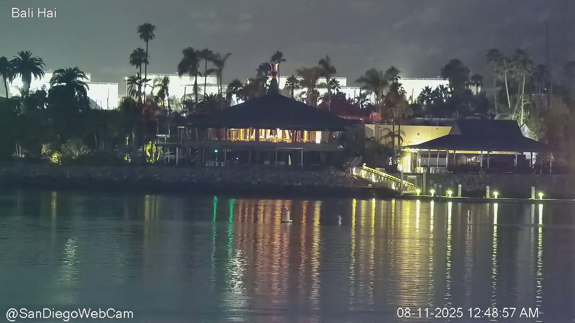 A nighttime view of a waterfront restaurant with palm trees and illuminated docks reflected in calm water.