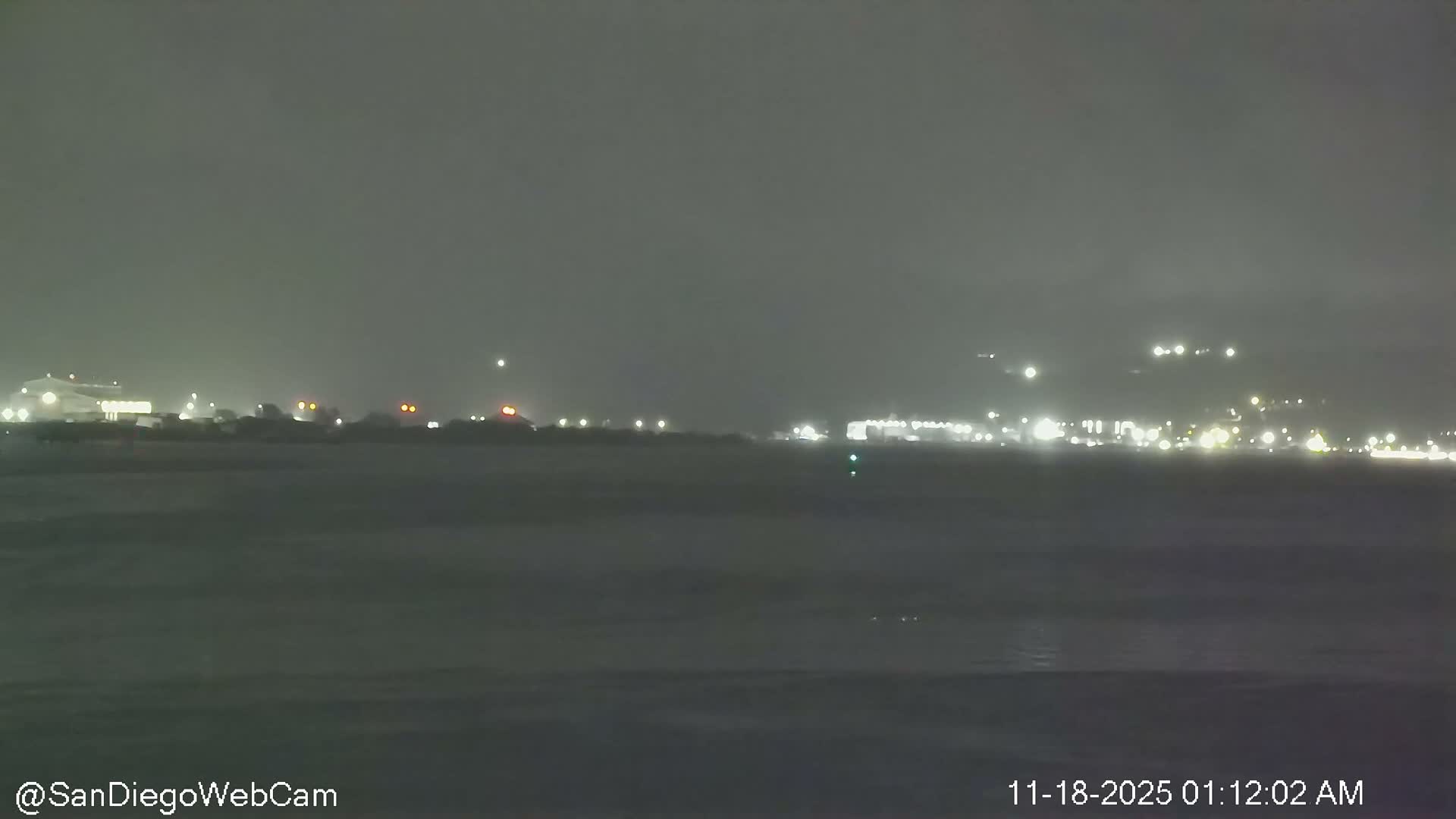 A brightly lit waterfront scene at night features buildings and numerous palm trees along the shore, with their lights and reflections cast upon calm water where boats are moored, all under a clear sky with distant hills faintly visible.