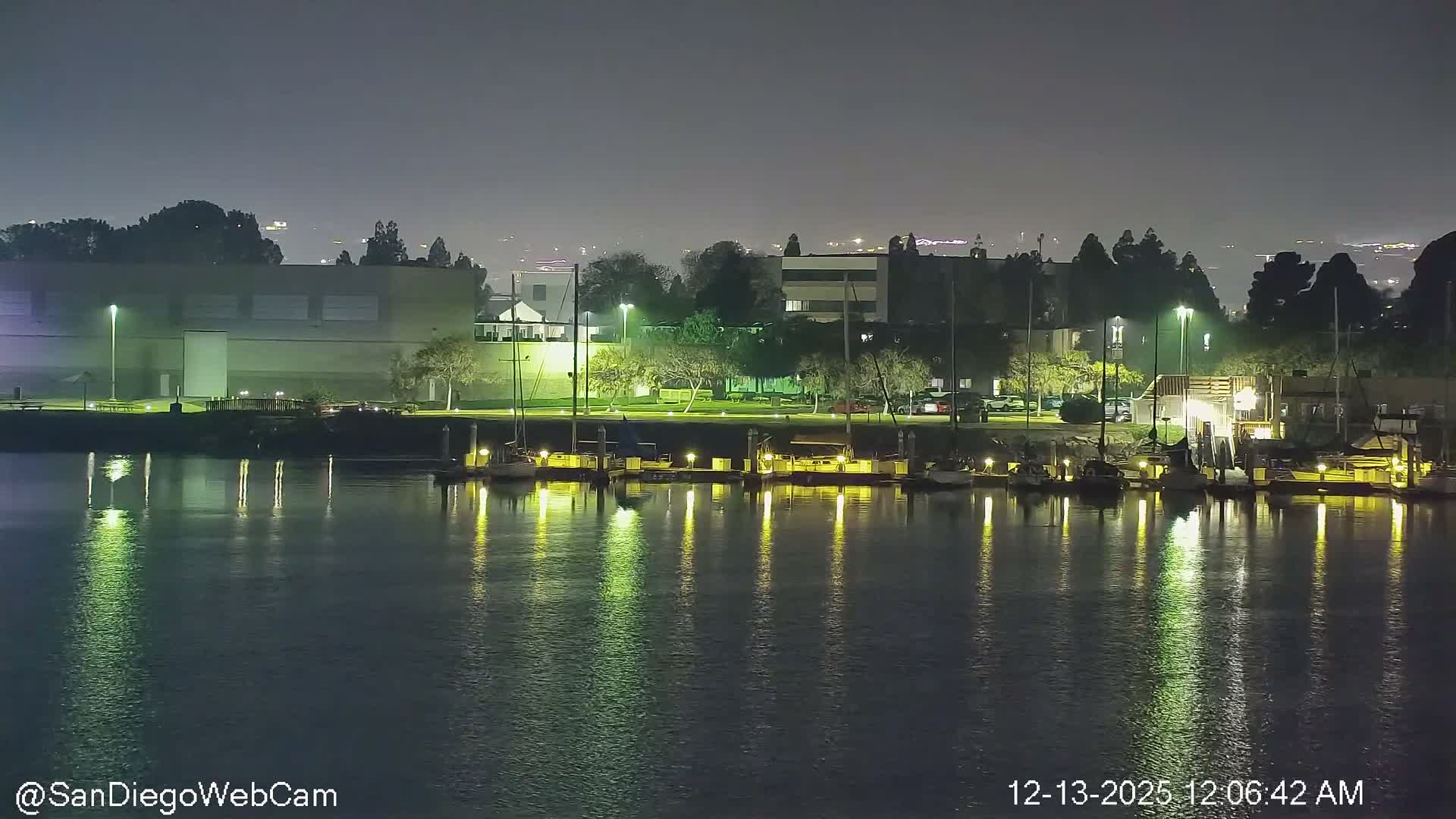 A nighttime view reveals a tranquil marina with several boats moored along a well-lit waterfront, featuring buildings and trees on the distant shore, all reflected on the calm water under a dark, clear sky.