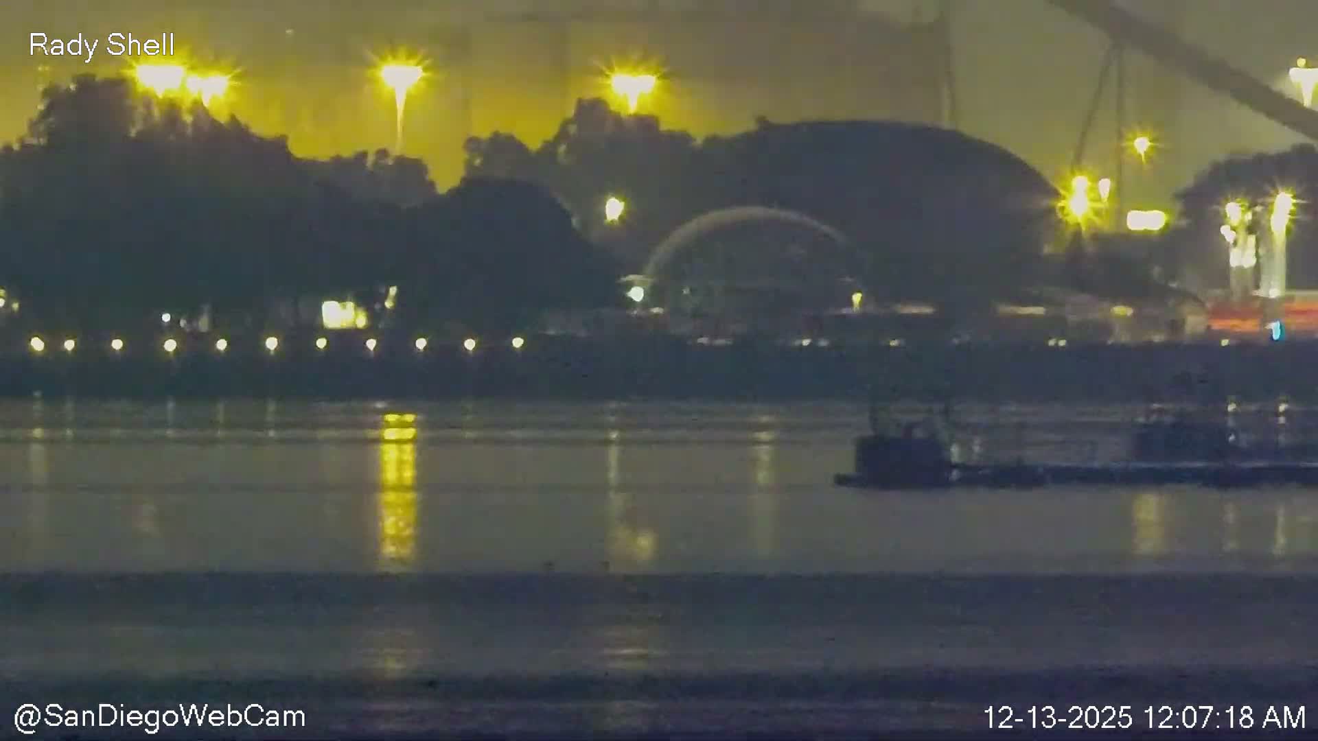 A hazy night scene features a waterfront reflecting numerous yellow city lights, with dark silhouettes of buildings and a large domed structure visible across the water.