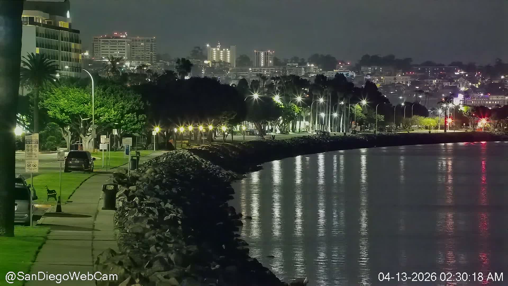 A hazy night scene features a waterfront reflecting numerous yellow city lights, with dark silhouettes of buildings and a large domed structure visible across the water.