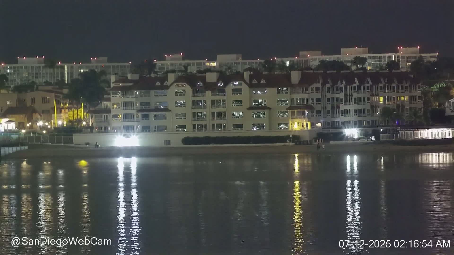 A nighttime harbor scene shows numerous boats moored at a pier, with city lights visible in the distance under a hazy sky.