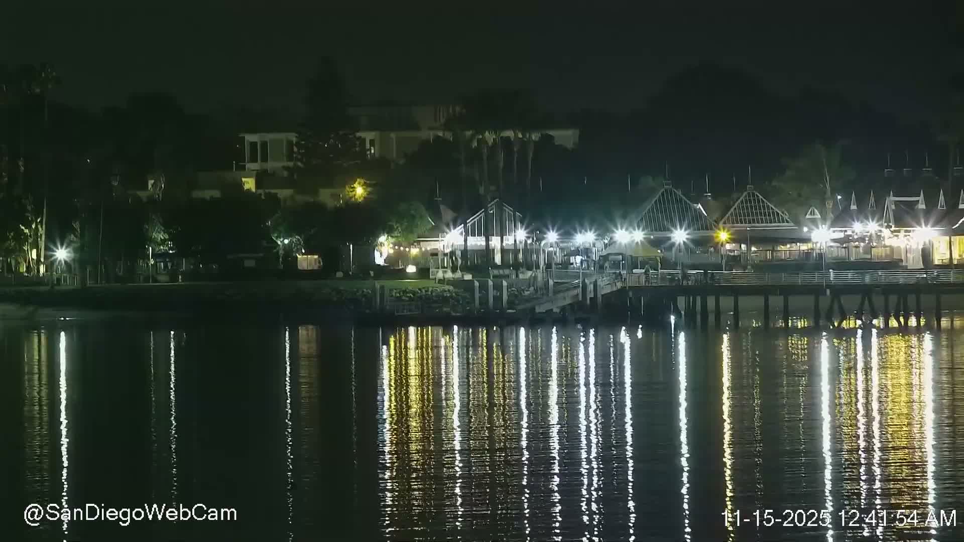 The image shows a tranquil nighttime scene of a waterfront with brightly lit buildings, piers, and trees reflecting on the calm, dark water under a clear sky.