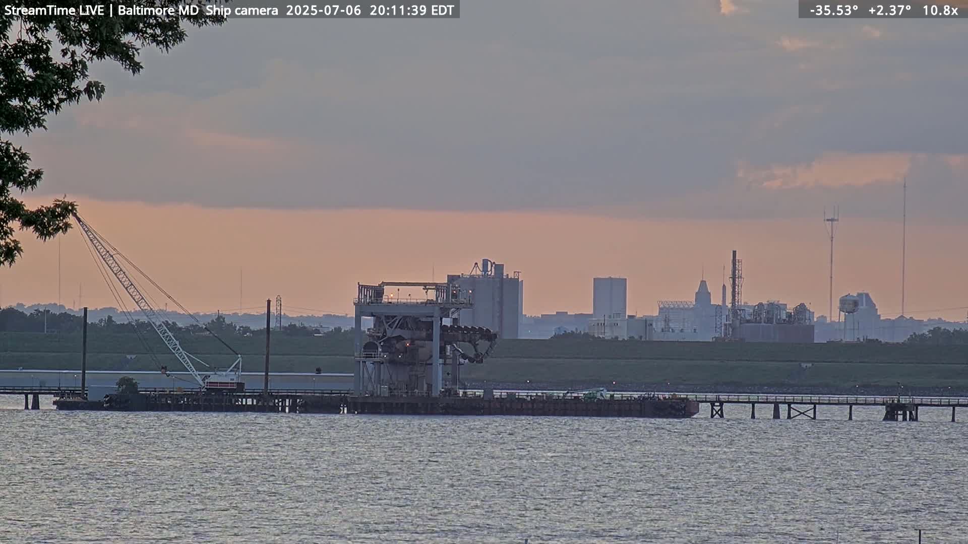 Baltimore Silhouette & Brandon Shores Power Plant Pier  from Fort Smallwood Park Live Cam - Pasadena, Anne Arundel, Maryland, USA