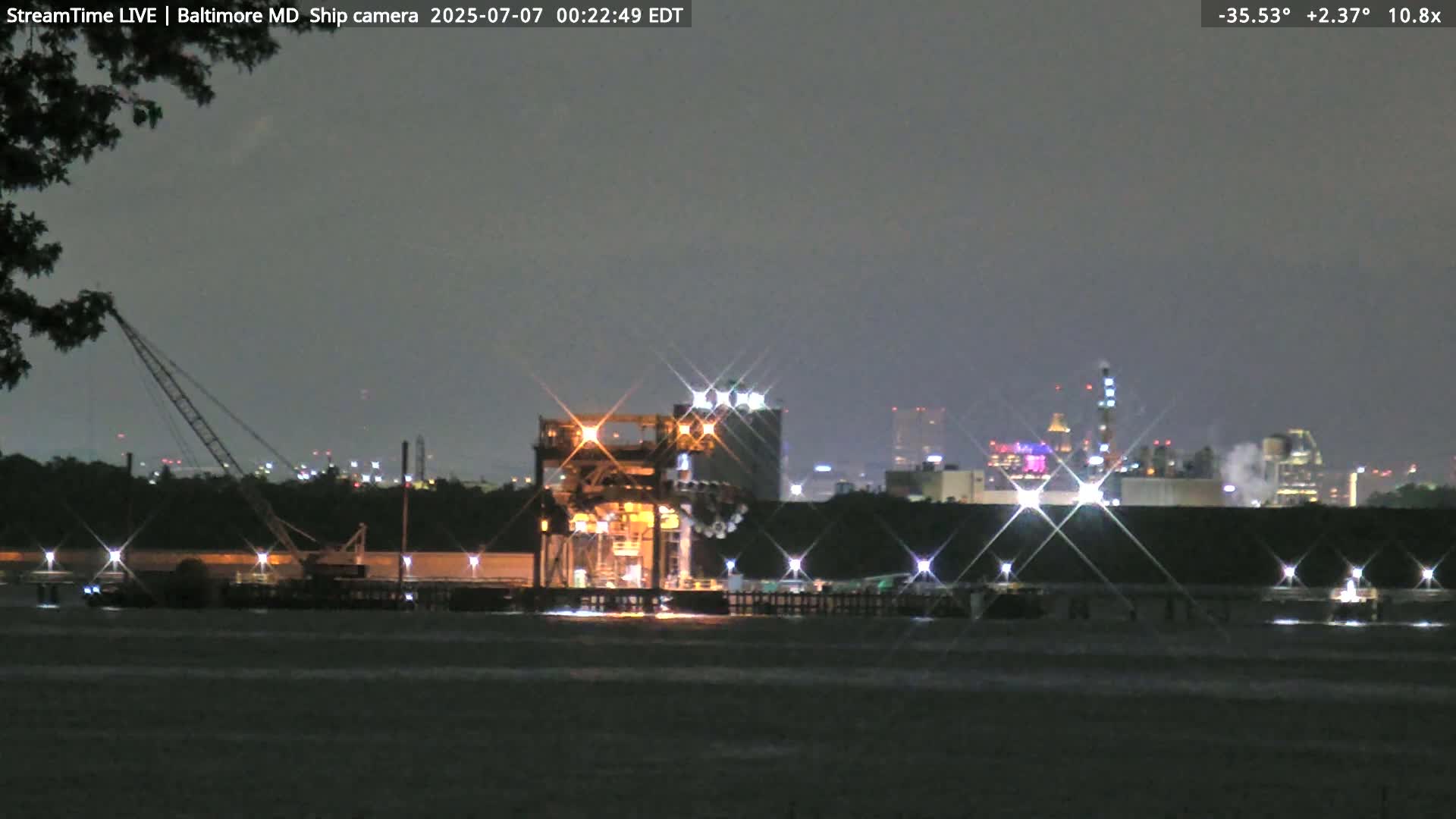 Baltimore Silhouette & Brandon Shores Power Plant Pier  from Fort Smallwood Park Live Cam - Pasadena, Anne Arundel, Maryland, USA