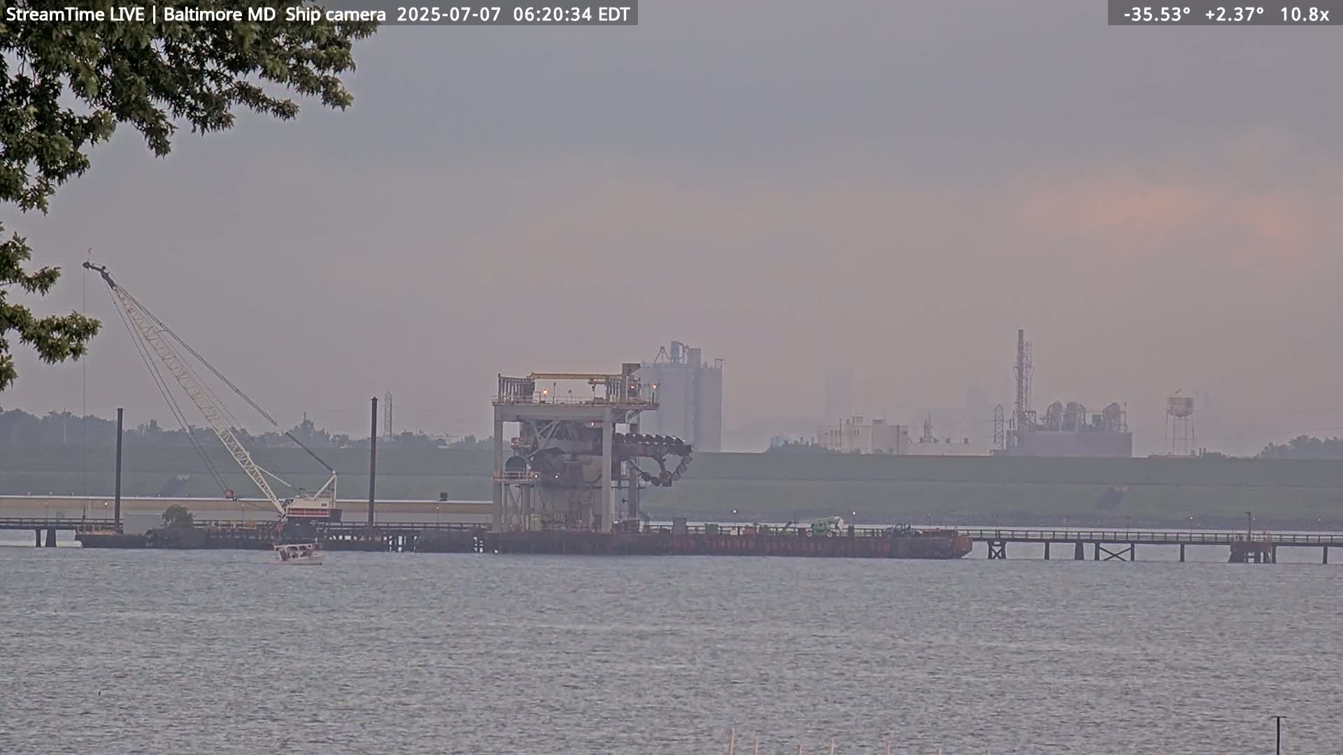 Baltimore Silhouette & Brandon Shores Power Plant Pier  from Fort Smallwood Park Live Cam - Pasadena, Anne Arundel, Maryland, USA