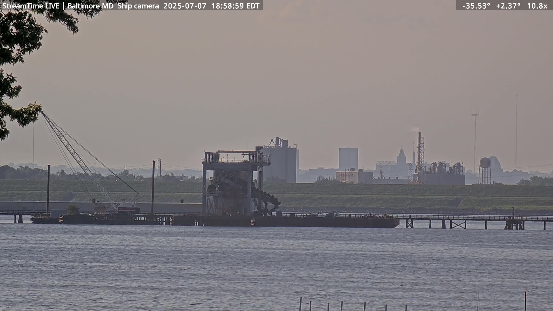 Baltimore Silhouette & Brandon Shores Power Plant Pier  from Fort Smallwood Park Live Cam - Pasadena, Anne Arundel, Maryland, USA